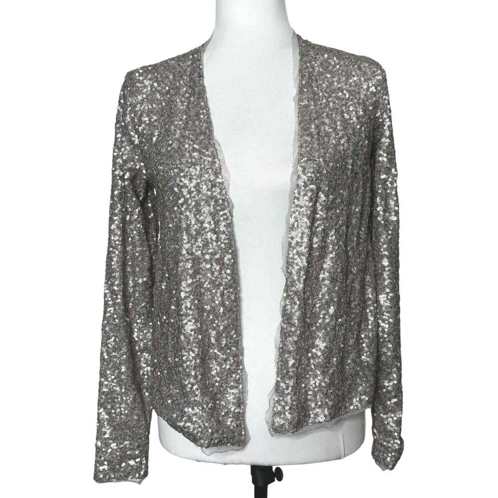 Tokyo Darling Sequin Cardigan Size Small Silver Open Front Party Shimmer Sparkle